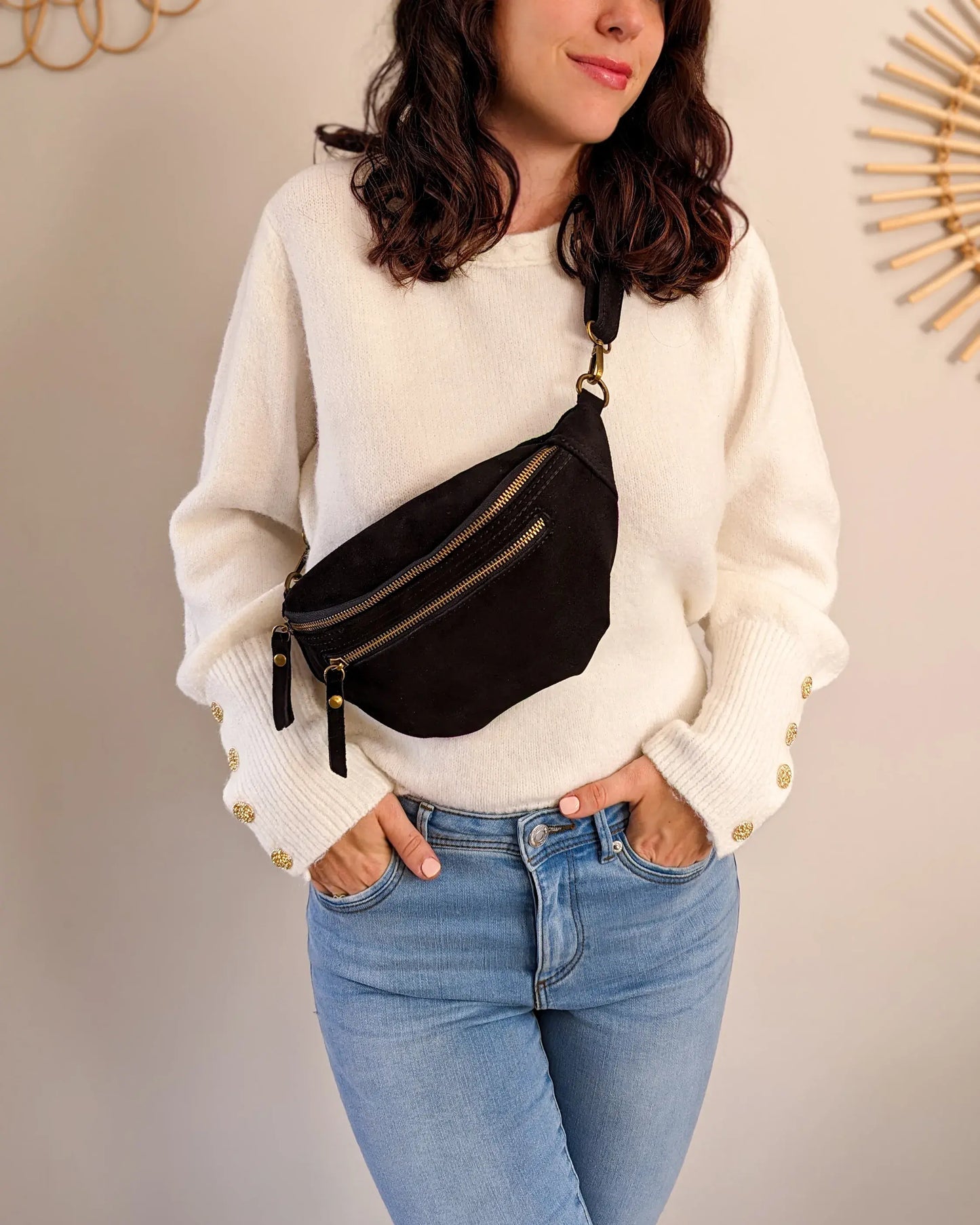 Sac banane en cuir velours - Hunter noir