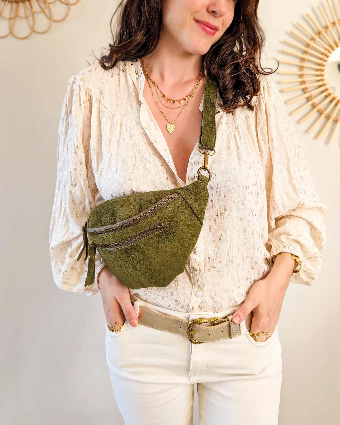 Sac banane en cuir velours - Hunter olive
