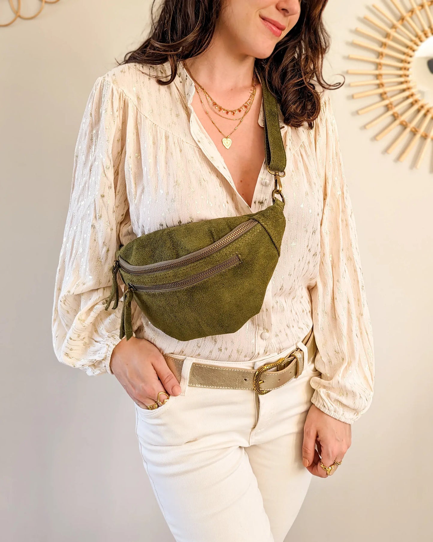 Sac banane en cuir velours - Hunter olive