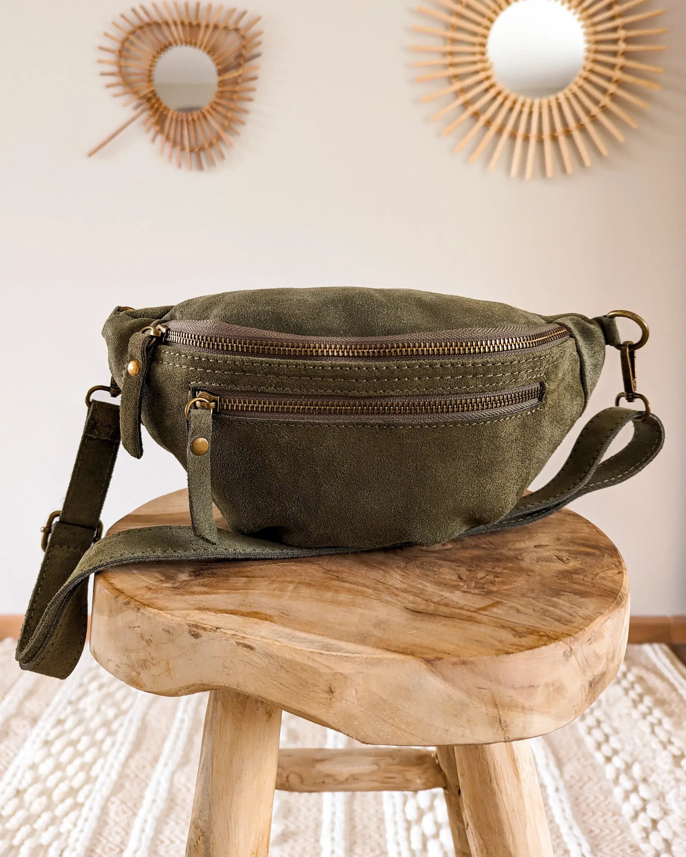 Sac banane en cuir velours - Hunter kaki