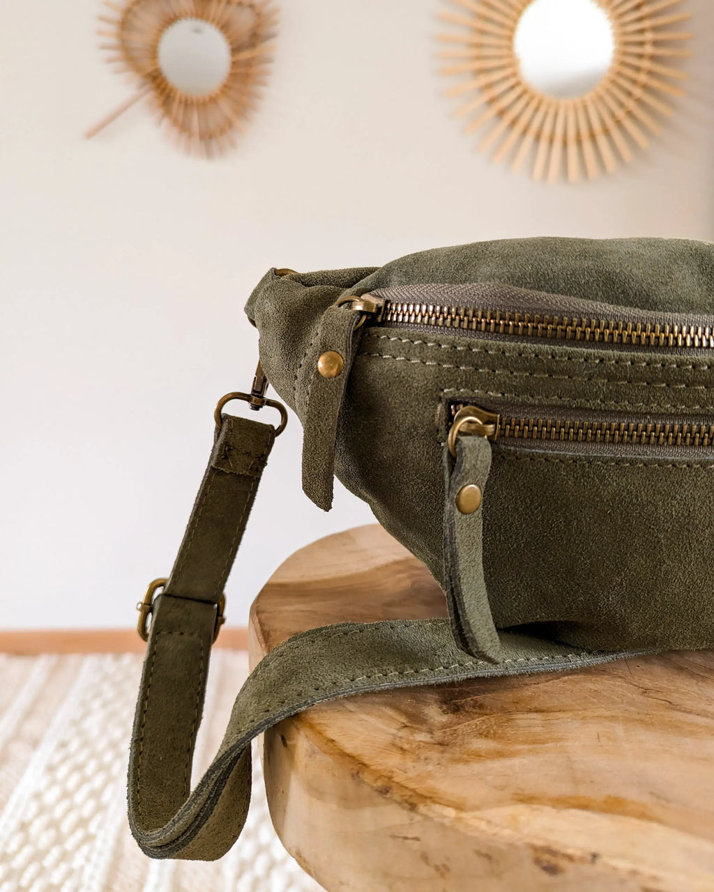 Sac banane en cuir velours - Hunter kaki