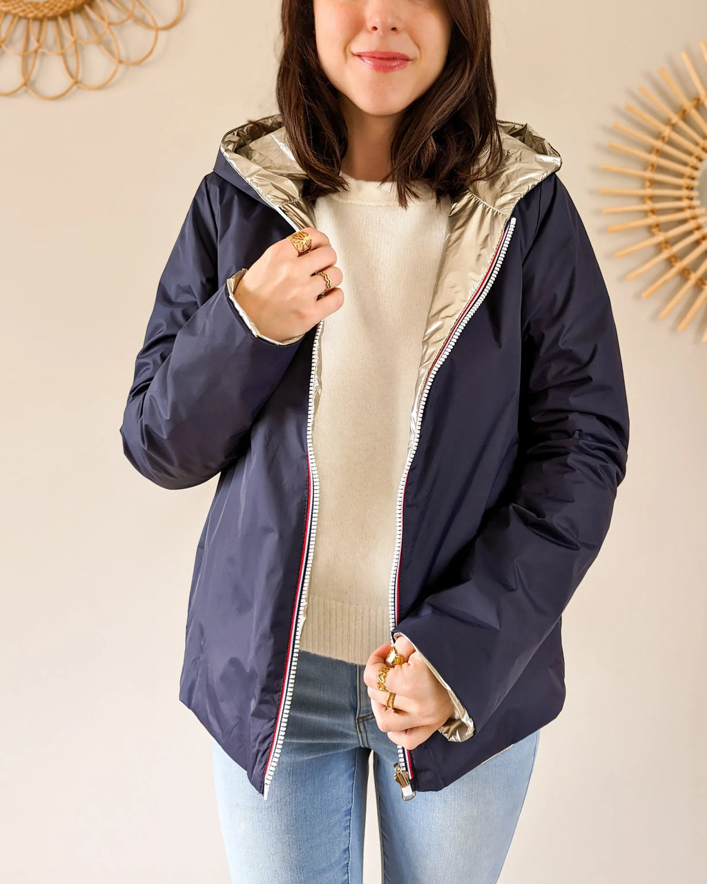 Imperméable rembourré mi-saison Laura Jo - Mandy court marine/doré - DÉSTOCKAGE taille M et XL