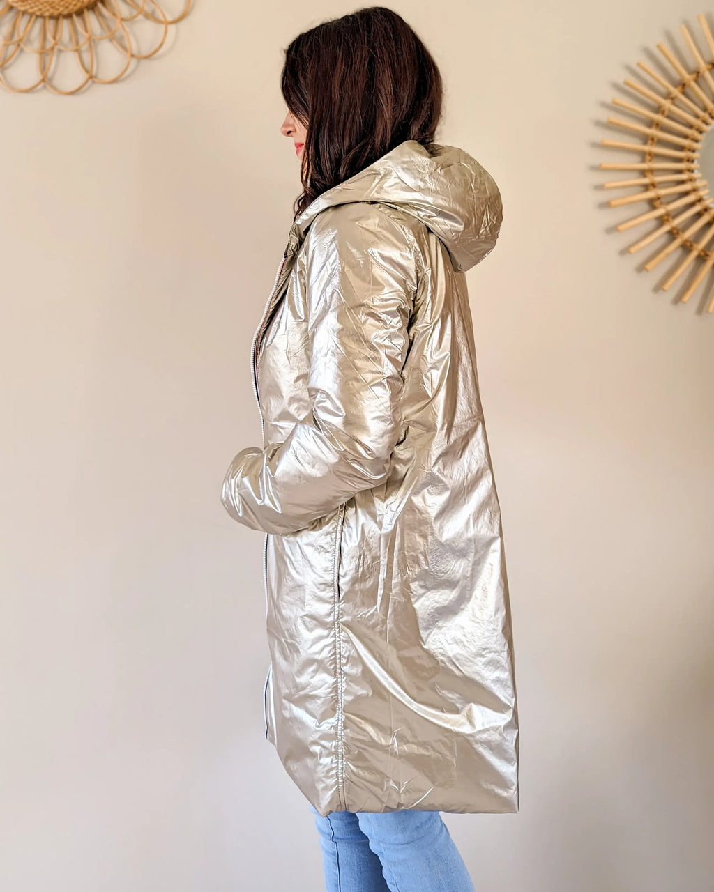 Imperméable rembourré mi-saison Laura Jo - Mandy long kaki/doré - DÉSTOCKAGE taille XL et 48