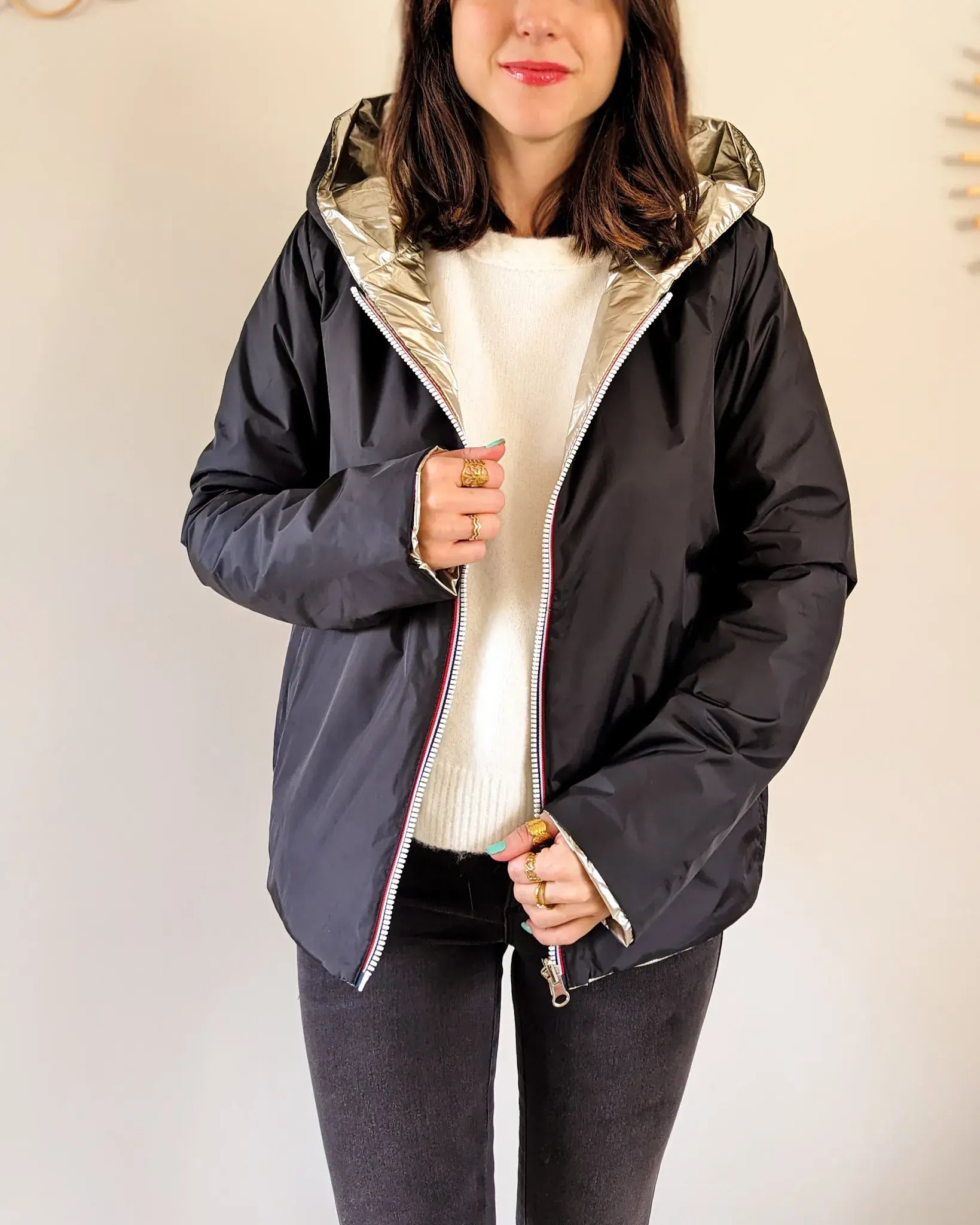 Imperméable rembourré mi-saison Laura Jo - Mandy court noir/doré - DÉSTOCKAGE taille M et XL