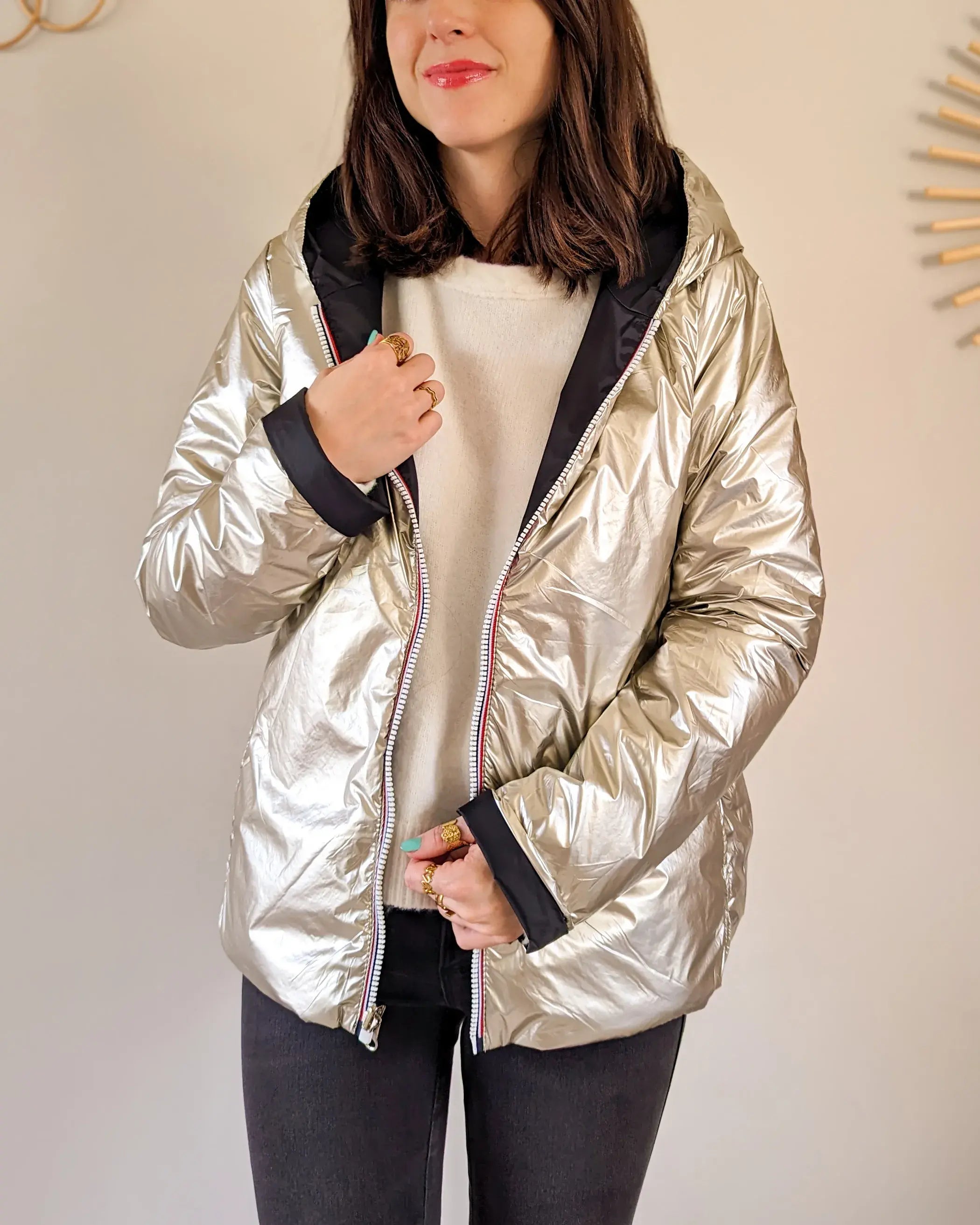 Imperméable rembourré mi-saison Laura Jo - Mandy court noir/doré - DÉSTOCKAGE taille M et XL