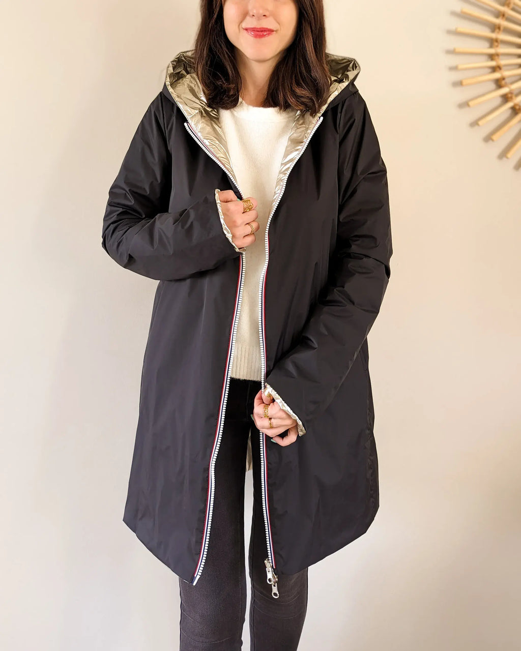 Imperméable rembourré mi-saison Laura Jo - Mandy long noir/doré - DÉSTOCKAGE taille S, XL et 46