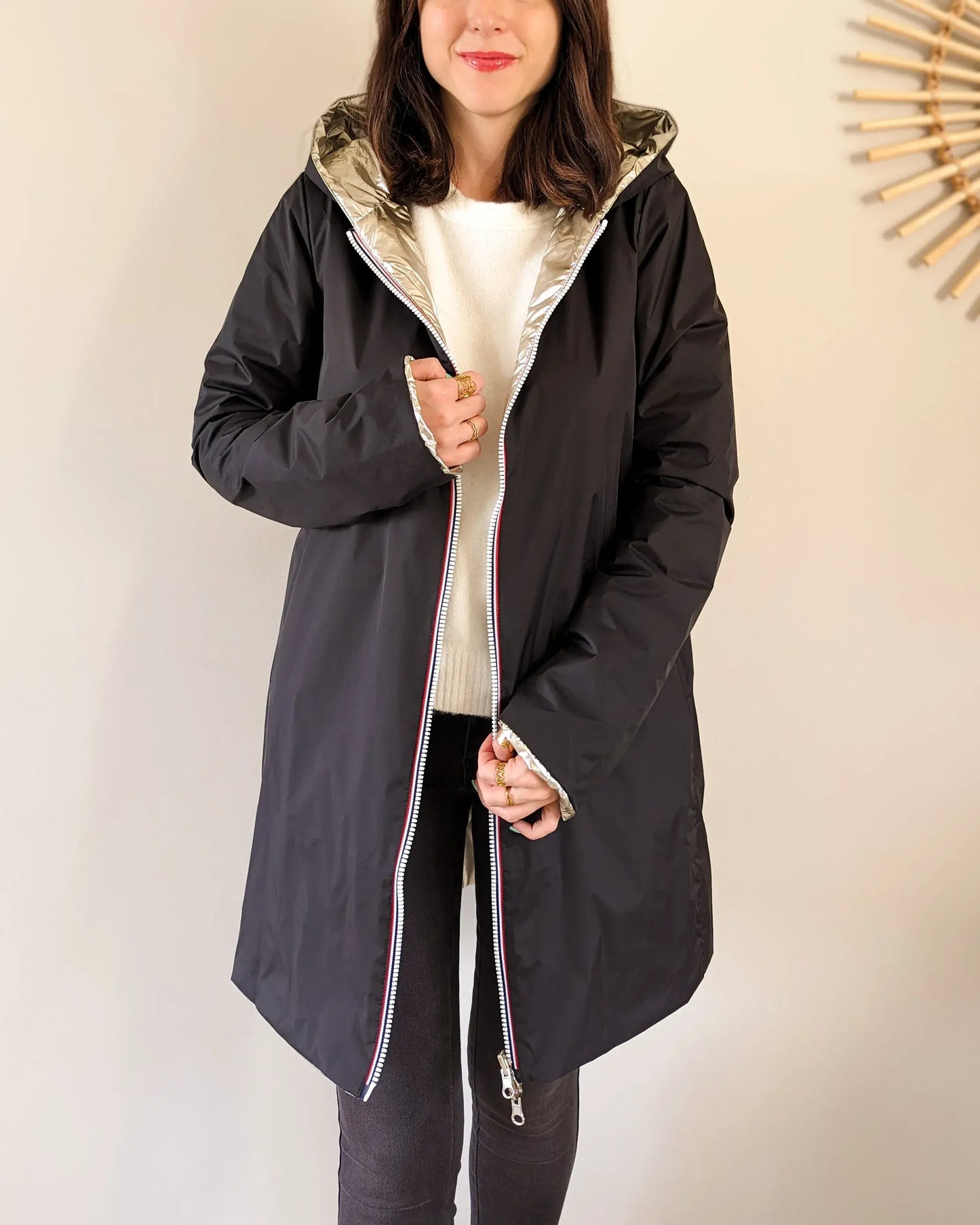 Imperméable rembourré mi-saison Laura Jo - Mandy long noir/doré - DÉSTOCKAGE taille S, XL et 46