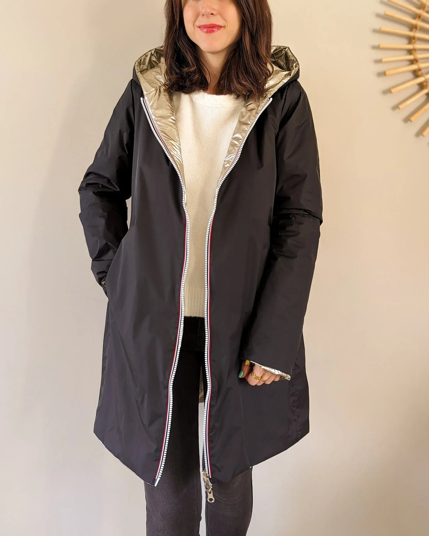 Imperméable rembourré mi-saison Laura Jo - Mandy long noir/doré - DÉSTOCKAGE taille S, XL et 46