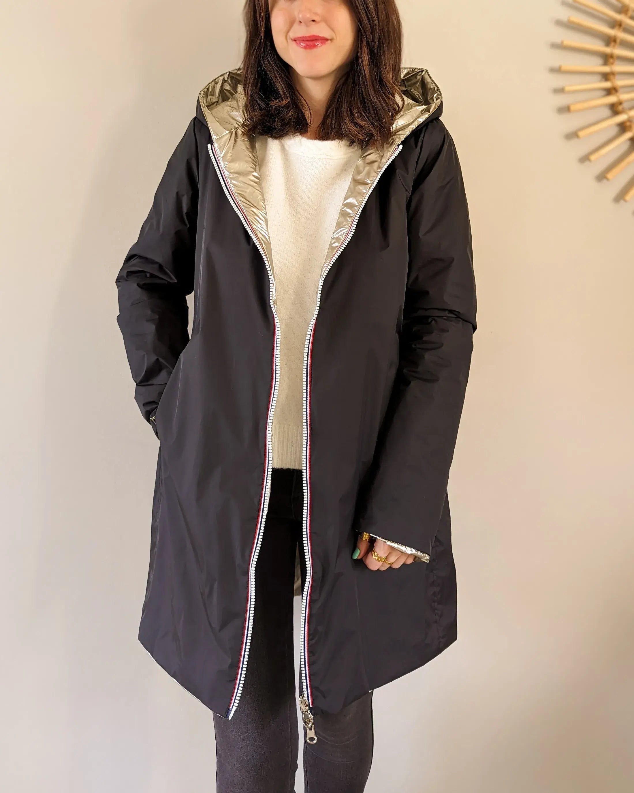 Imperméable rembourré mi-saison Laura Jo - Mandy long noir/doré - DÉSTOCKAGE taille S, XL et 46