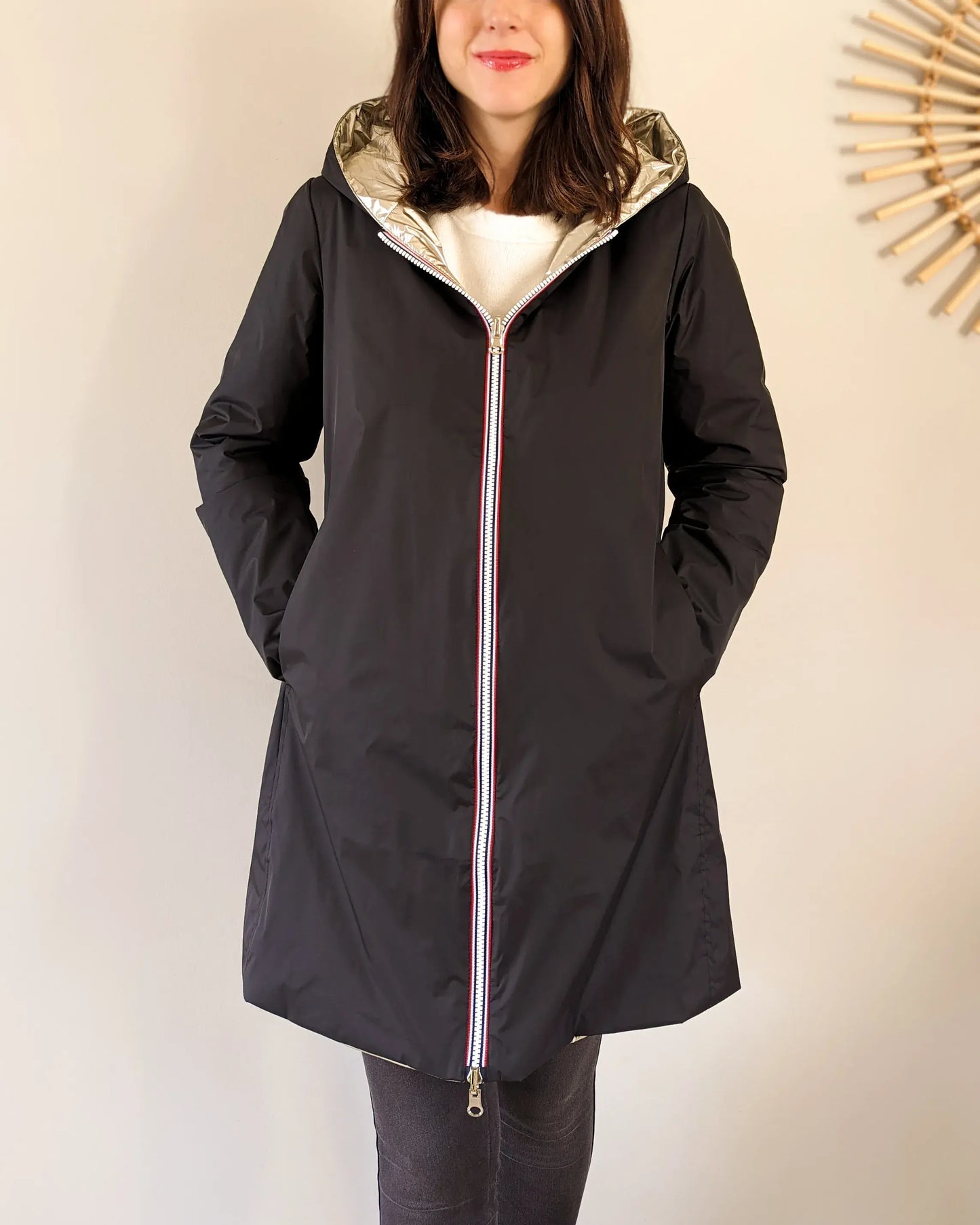 Imperméable rembourré mi-saison Laura Jo - Mandy long noir/doré - DÉSTOCKAGE taille S, XL et 46