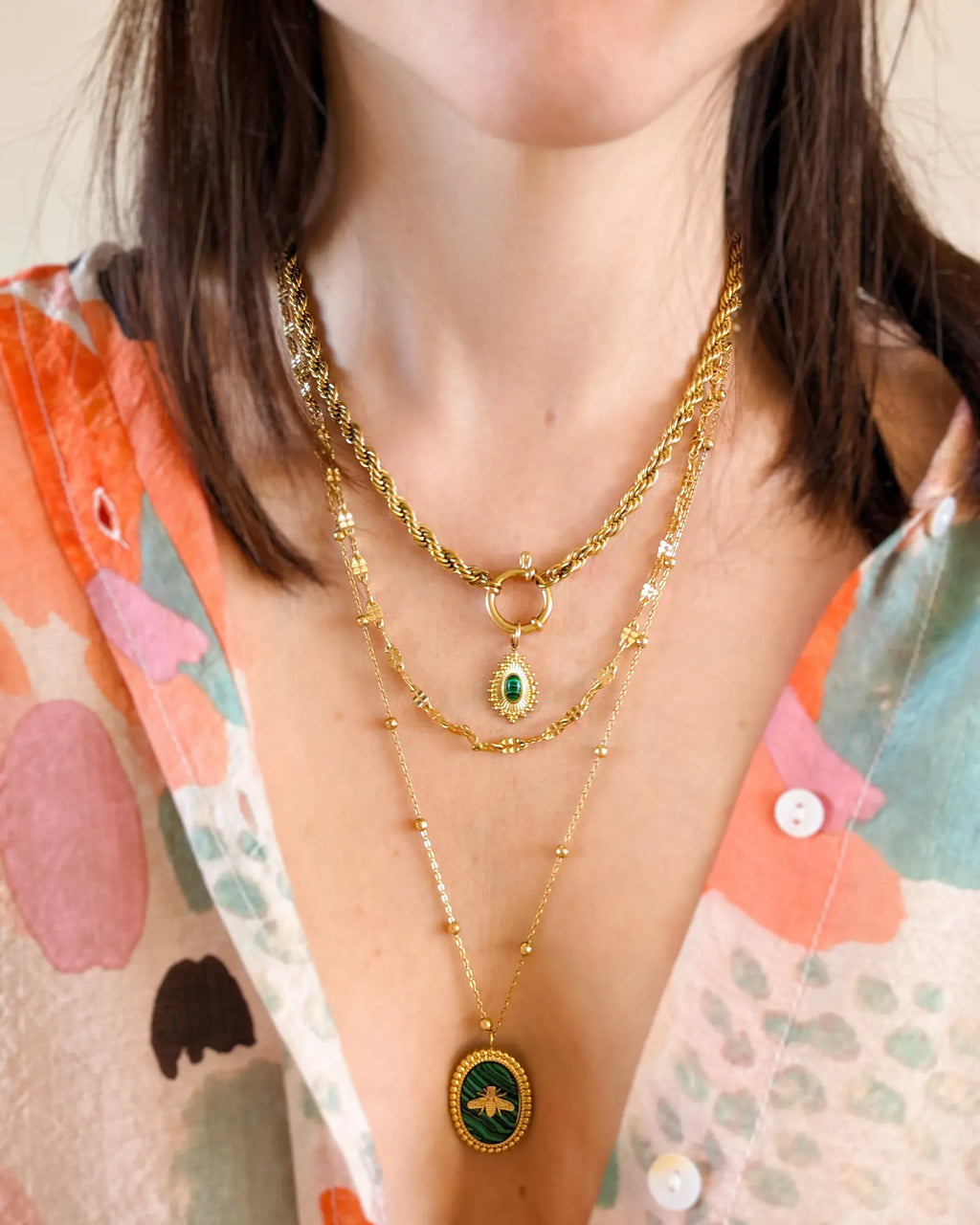 Collier multi rangs vert doré - Abeille