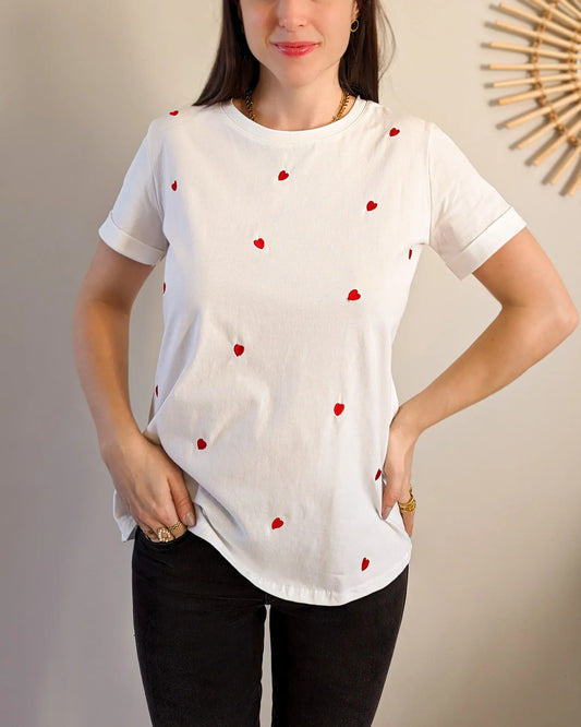 T-shirt blanc - Cœurs rouge