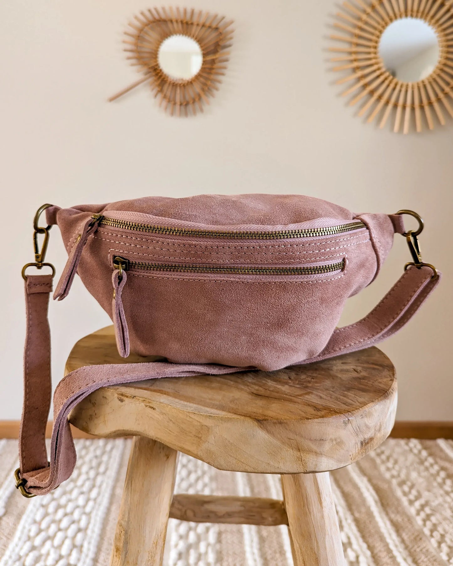 Sac banane en cuir velours - Hunter rose