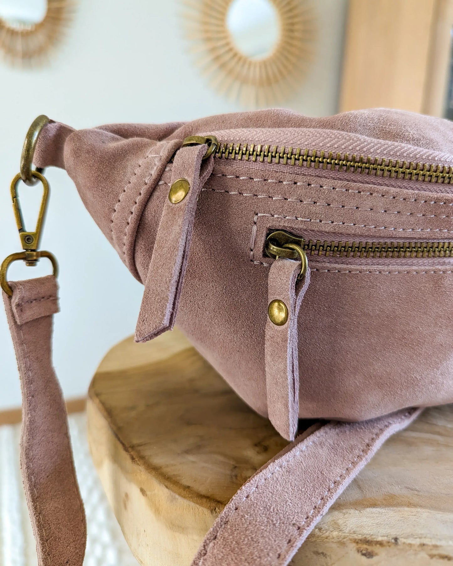 Sac banane en cuir velours - Hunter rose