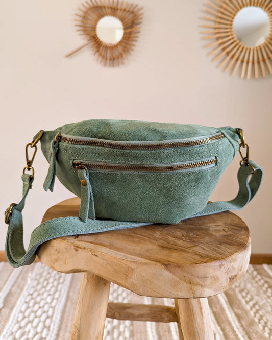 Sac banane en cuir velours - Hunter vert d'eau
