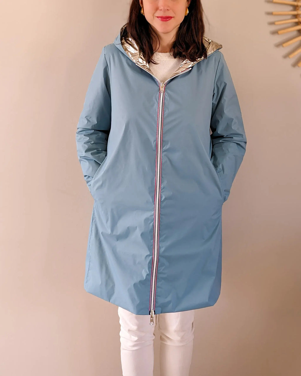 Imperméable rembourré mi-saison Laura Jo - Mandy long bleu ciel/doré - DÉSTOCKAGE taille XL