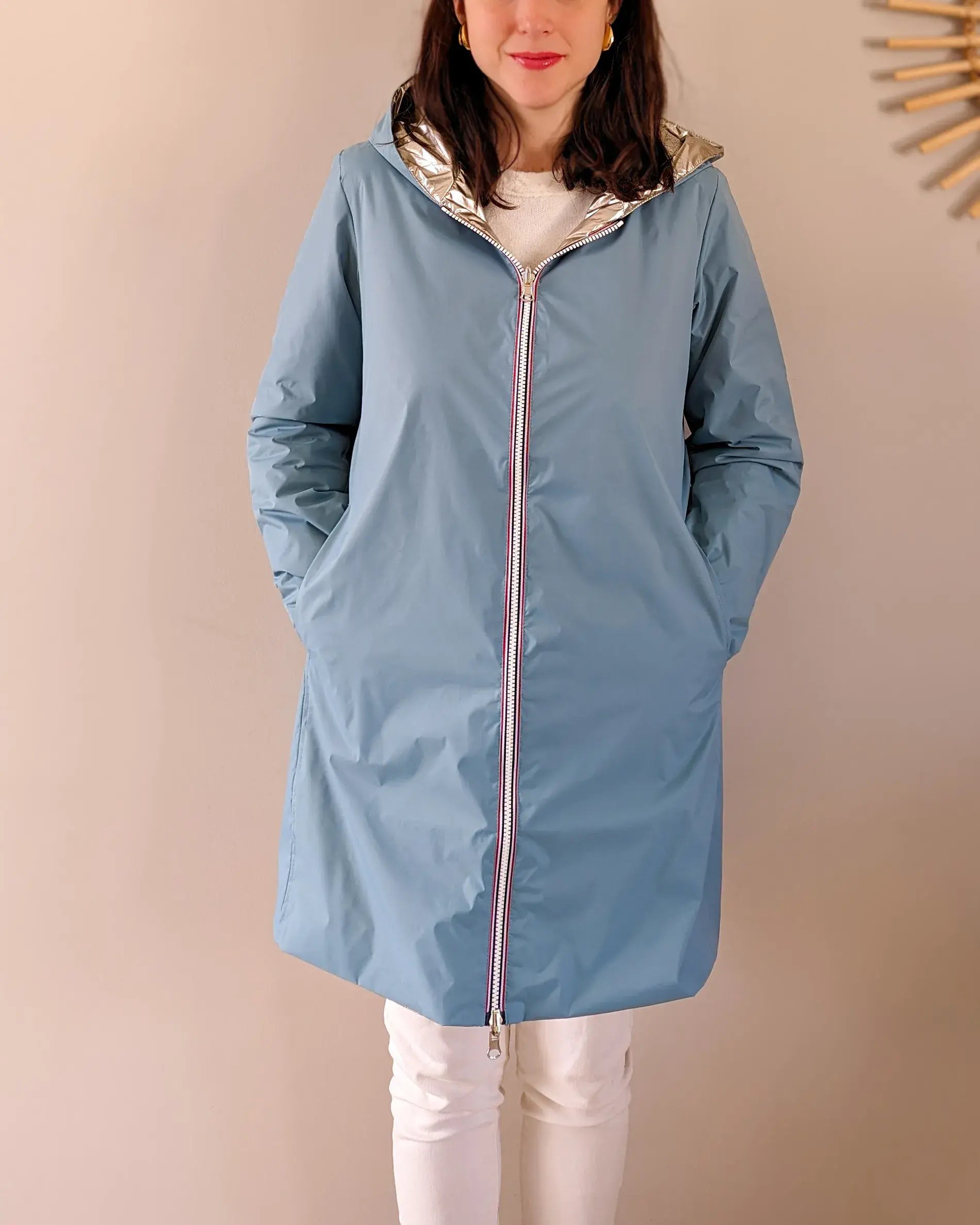 Imperméable rembourré mi-saison Laura Jo - Mandy long bleu ciel/doré - DÉSTOCKAGE taille XL