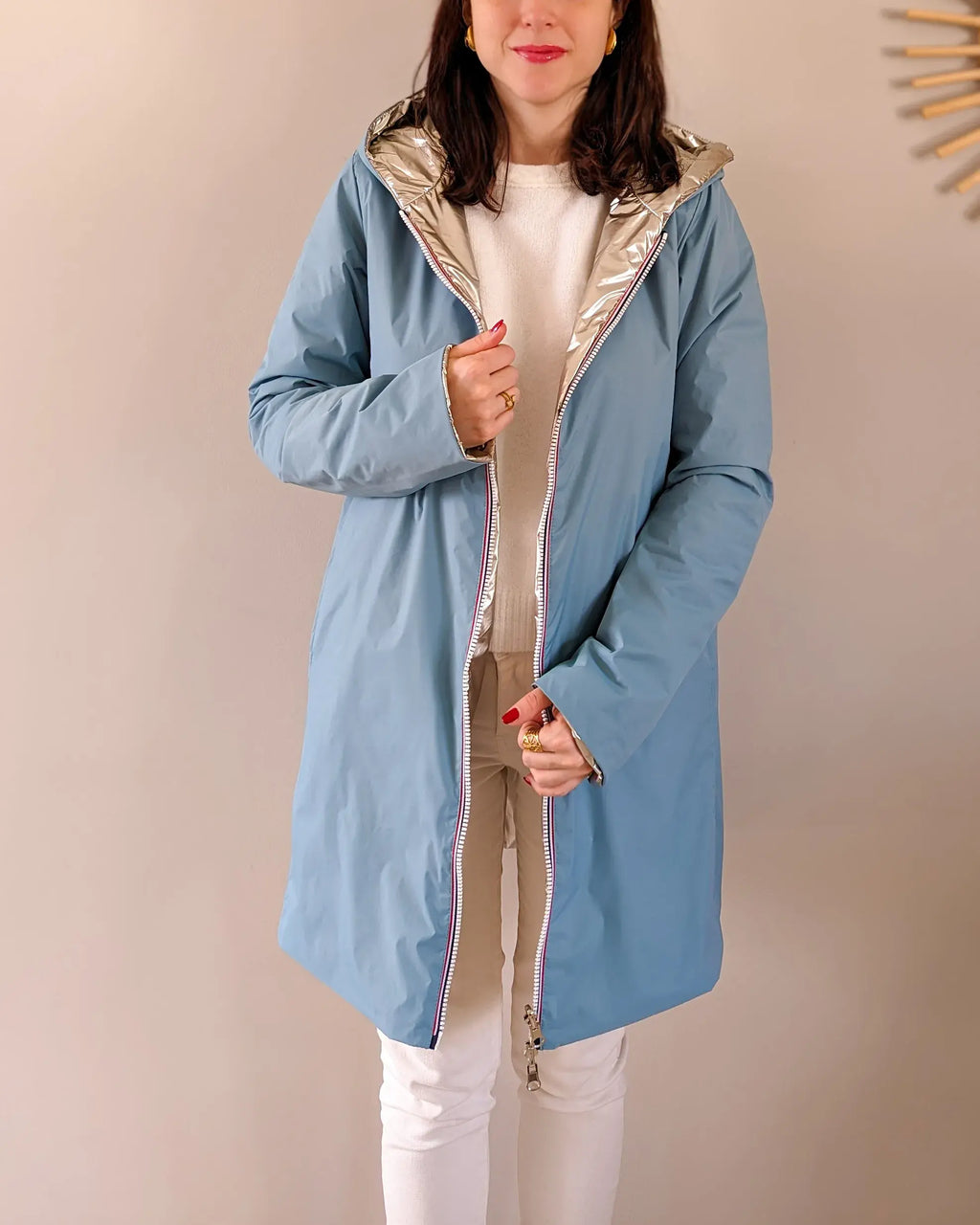Imperméable rembourré mi-saison Laura Jo - Mandy long bleu ciel/doré - DÉSTOCKAGE taille XL