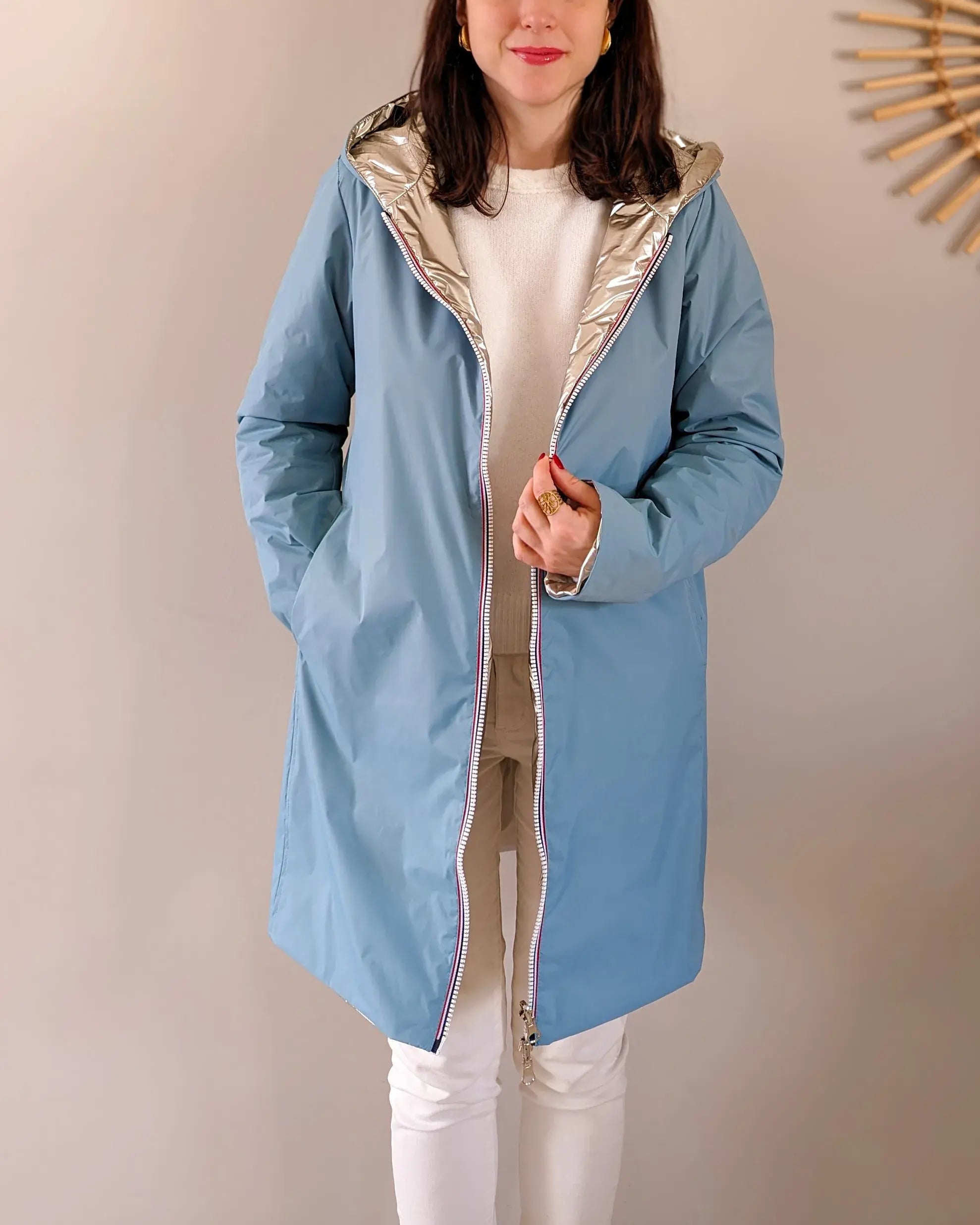 Imperméable rembourré mi-saison Laura Jo - Mandy long bleu ciel/doré - DÉSTOCKAGE taille XL