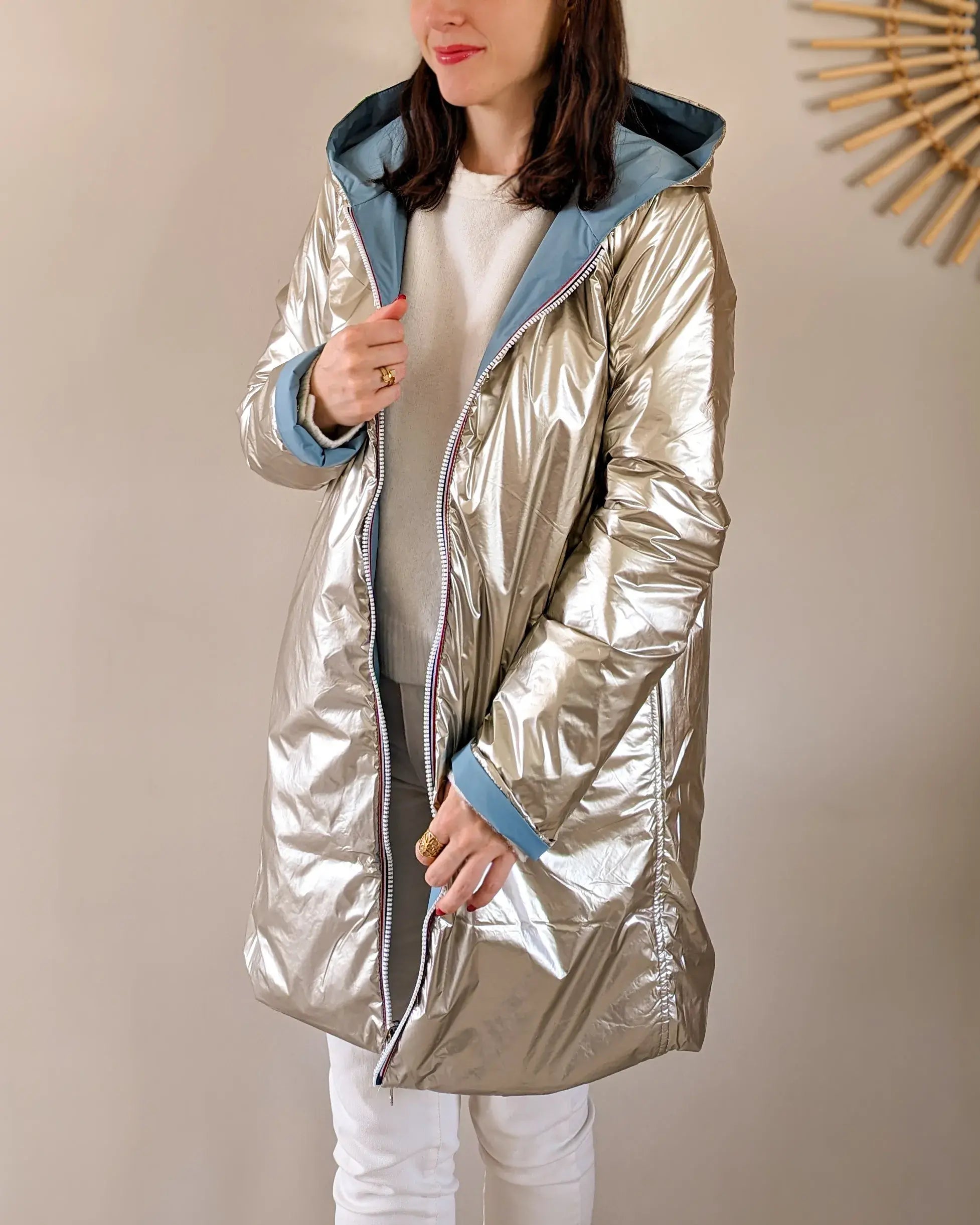 Imperméable rembourré mi-saison Laura Jo - Mandy long bleu ciel/doré - DÉSTOCKAGE taille XL