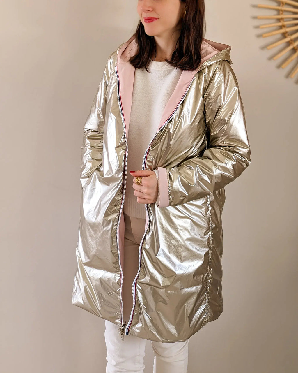 Imperméable rembourré mi-saison Laura Jo - Mandy long rose/doré - DÉSTOCKAGE taille XL