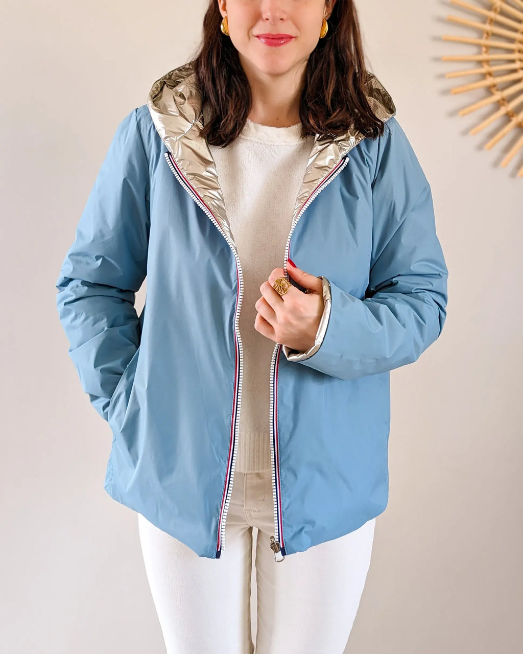 Imperméable rembourré mi-saison Laura Jo - Mandy court bleu ciel/doré - DÉSTOCKAGE taille S
