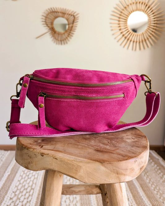 Sac banane en cuir velours - Hunter fuchsia