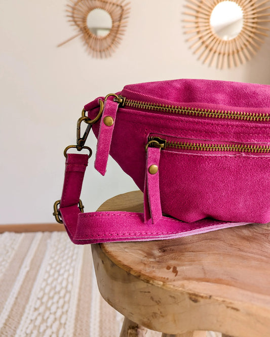 Sac banane en cuir velours - Hunter fuchsia
