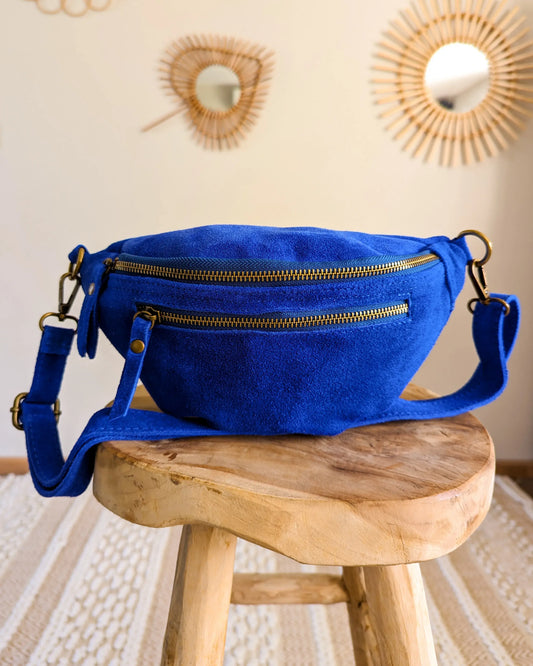 Sac banane en cuir velours - Hunter bleu électrique
