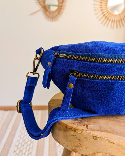 Sac banane en cuir velours - Hunter bleu électrique