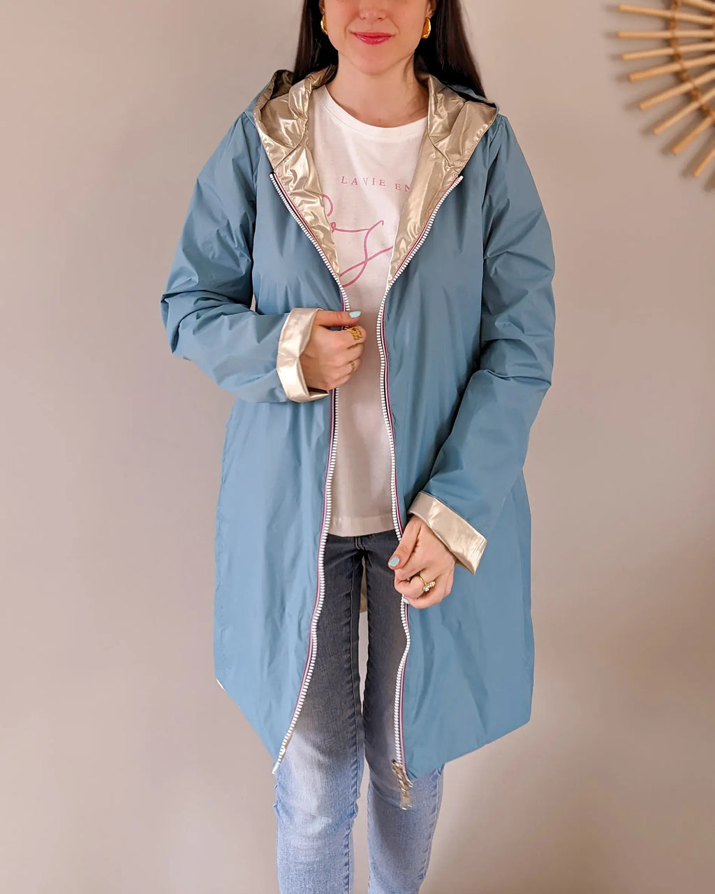 Imperméable réversible Laura Jo bleu ciel/dorée - Elena longue