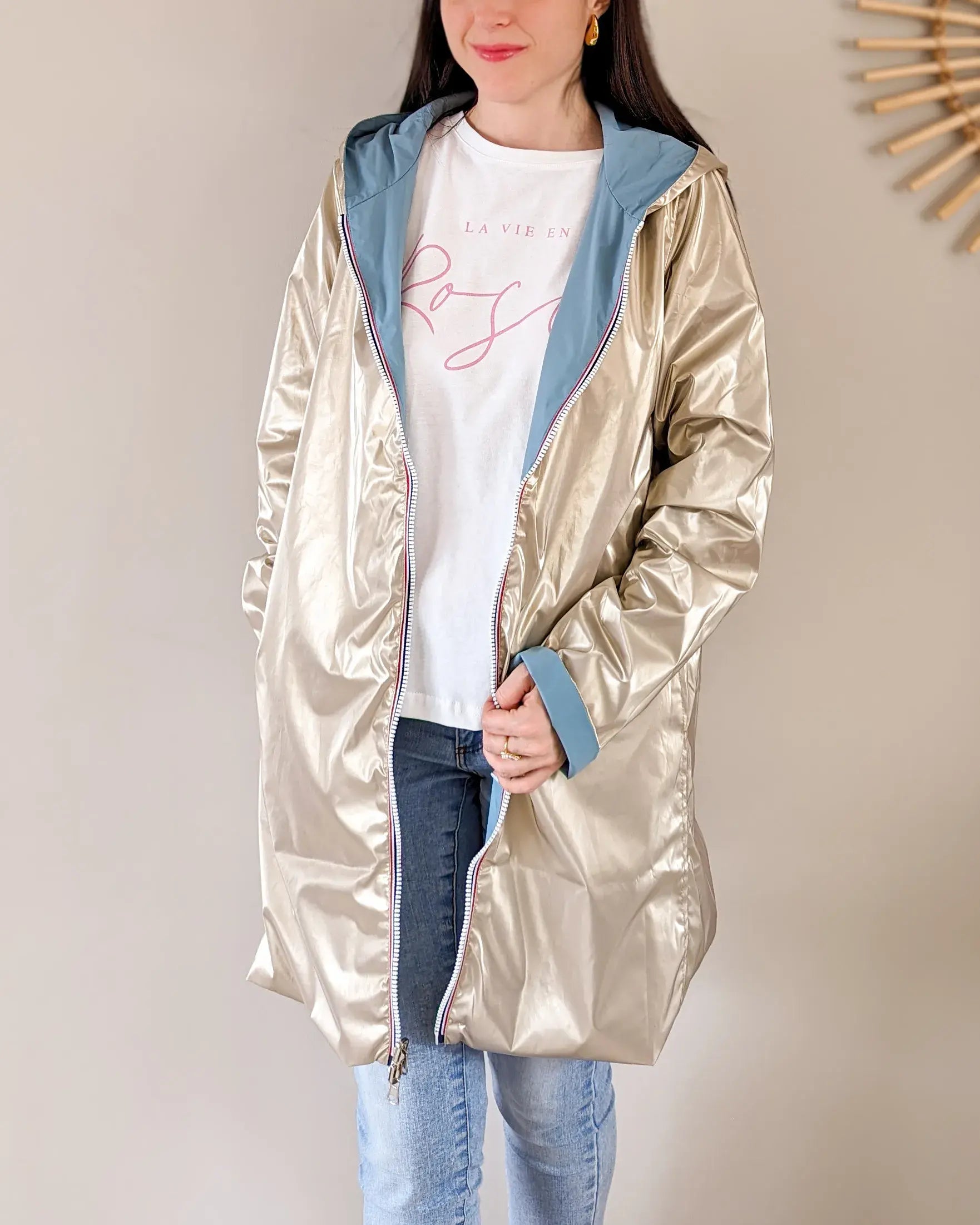Imperméable réversible Laura Jo bleu ciel/dorée - Elena longue