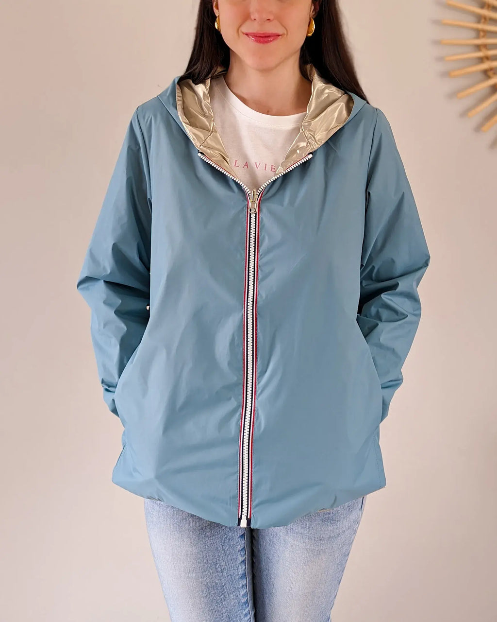 Imperméable réversible Laura Jo bleu ciel/dorée - Elena courte