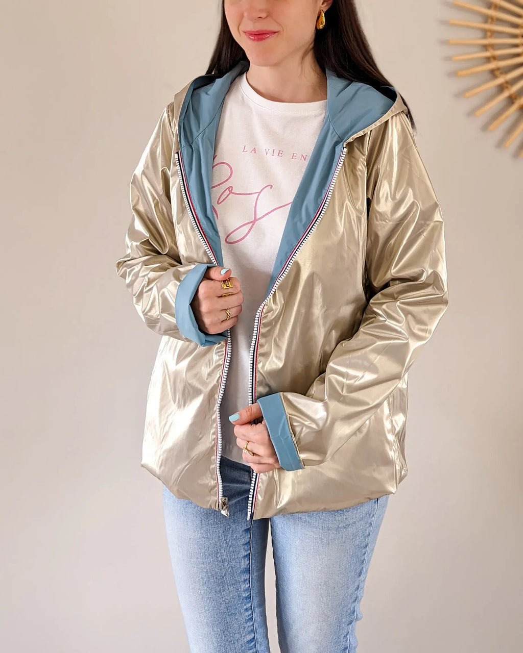 Imperméable réversible Laura Jo bleu ciel/dorée - Elena courte