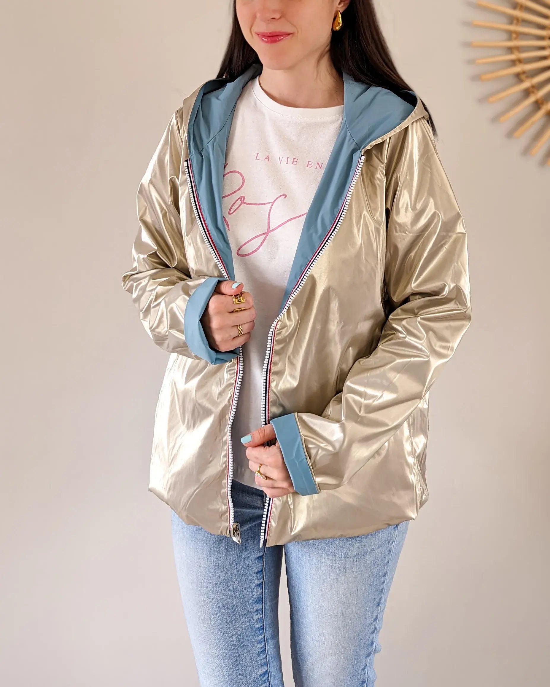 Imperméable réversible Laura Jo bleu ciel/dorée - Elena courte