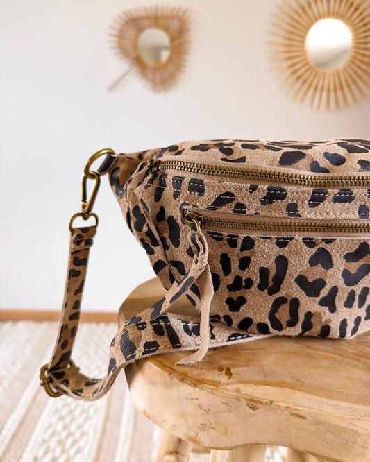 Sac banane en cuir velours - Hunter léopard beige