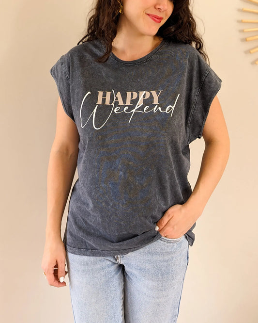 T-shirt gris - Happy weekend
