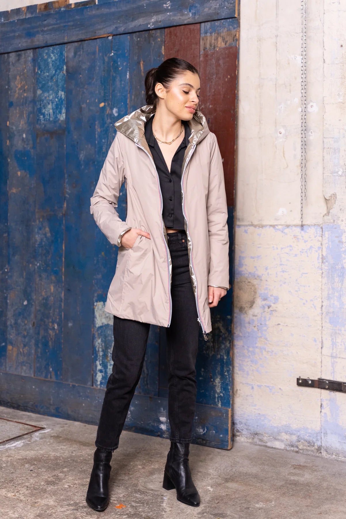 Imperméable rembourré mi-saison Laura Jo - Mandy long  beige doré - DÉSTOCKAGE taille XL et 48