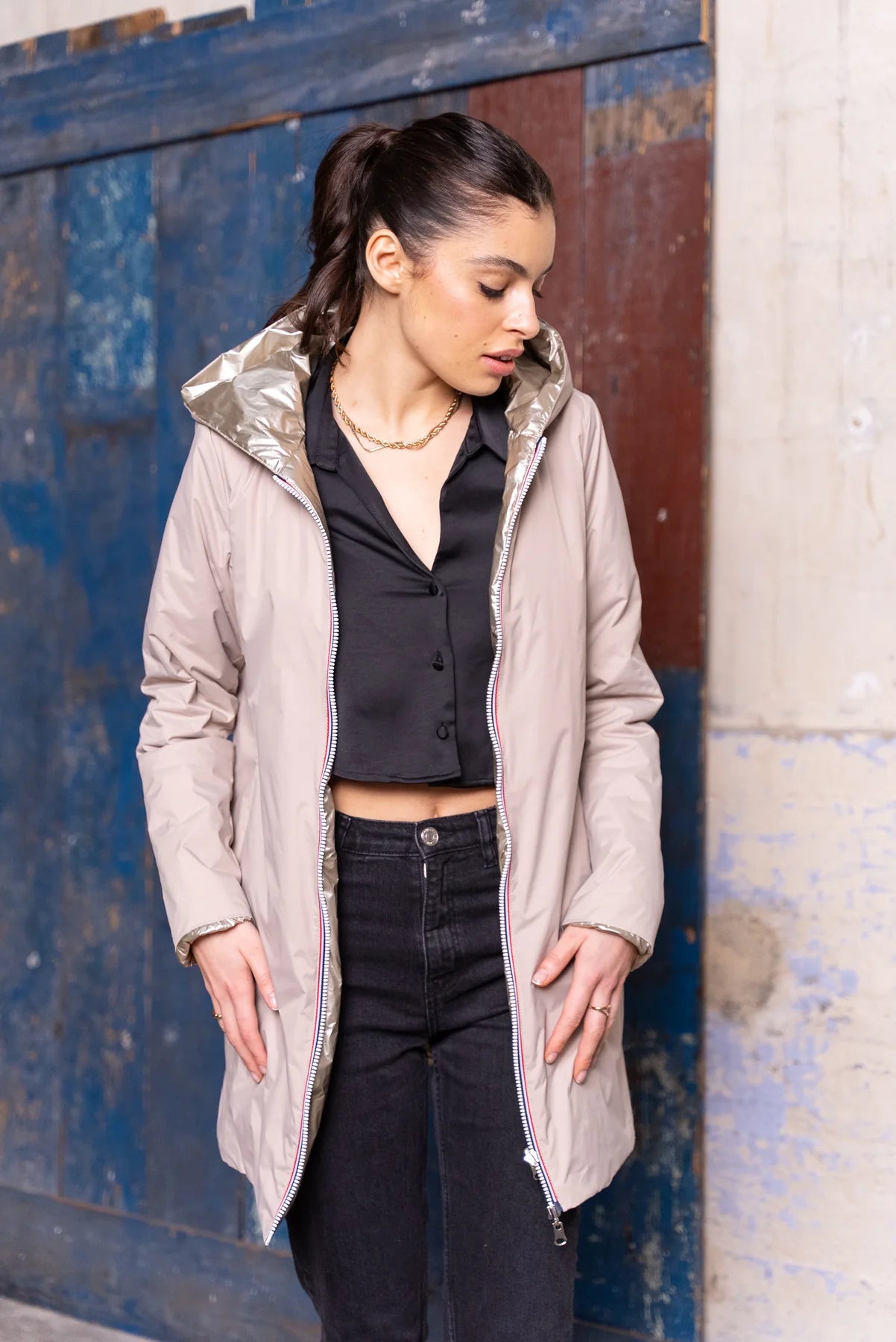 Imperméable rembourré mi-saison Laura Jo - Mandy long  beige doré - DÉSTOCKAGE taille XL et 48