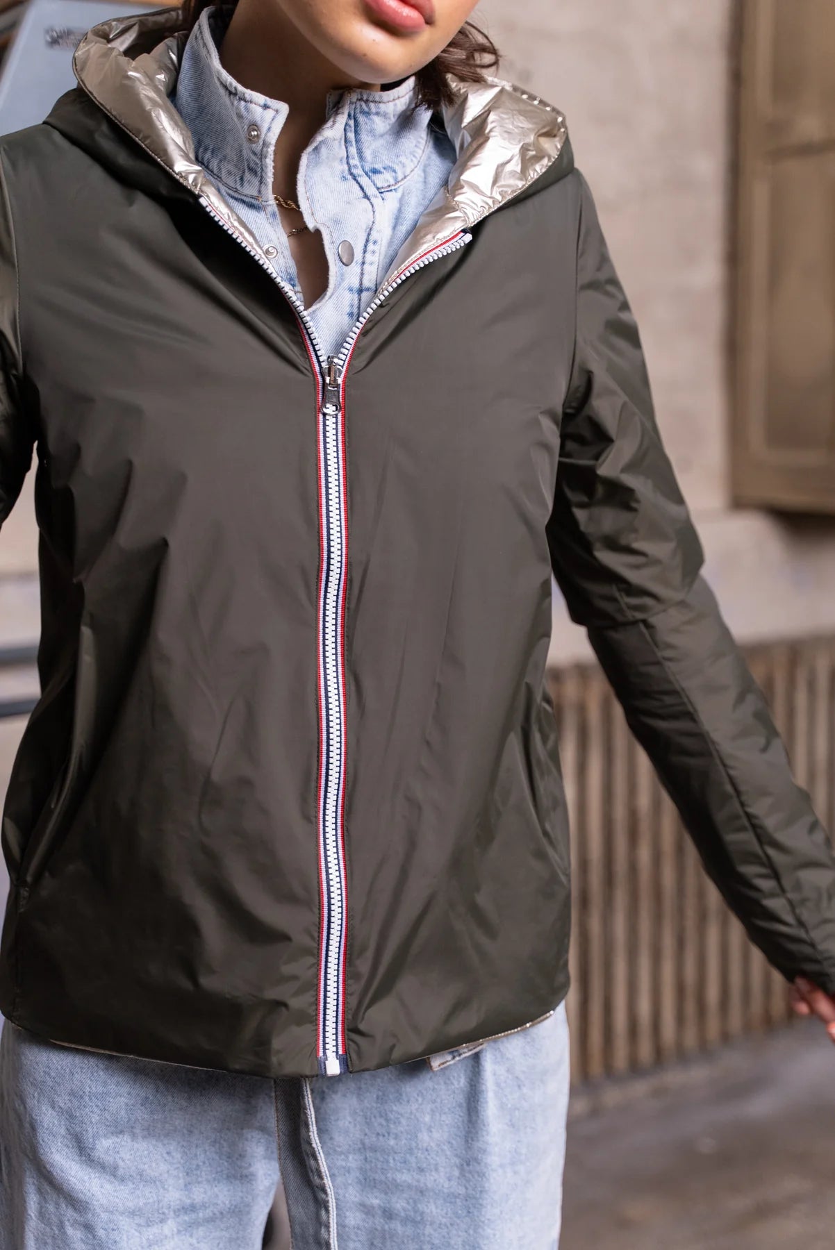 Imperméable rembourré mi-saison Laura Jo - Mandy court kaki/doré - DÉSTOCKAGE taille M et XL