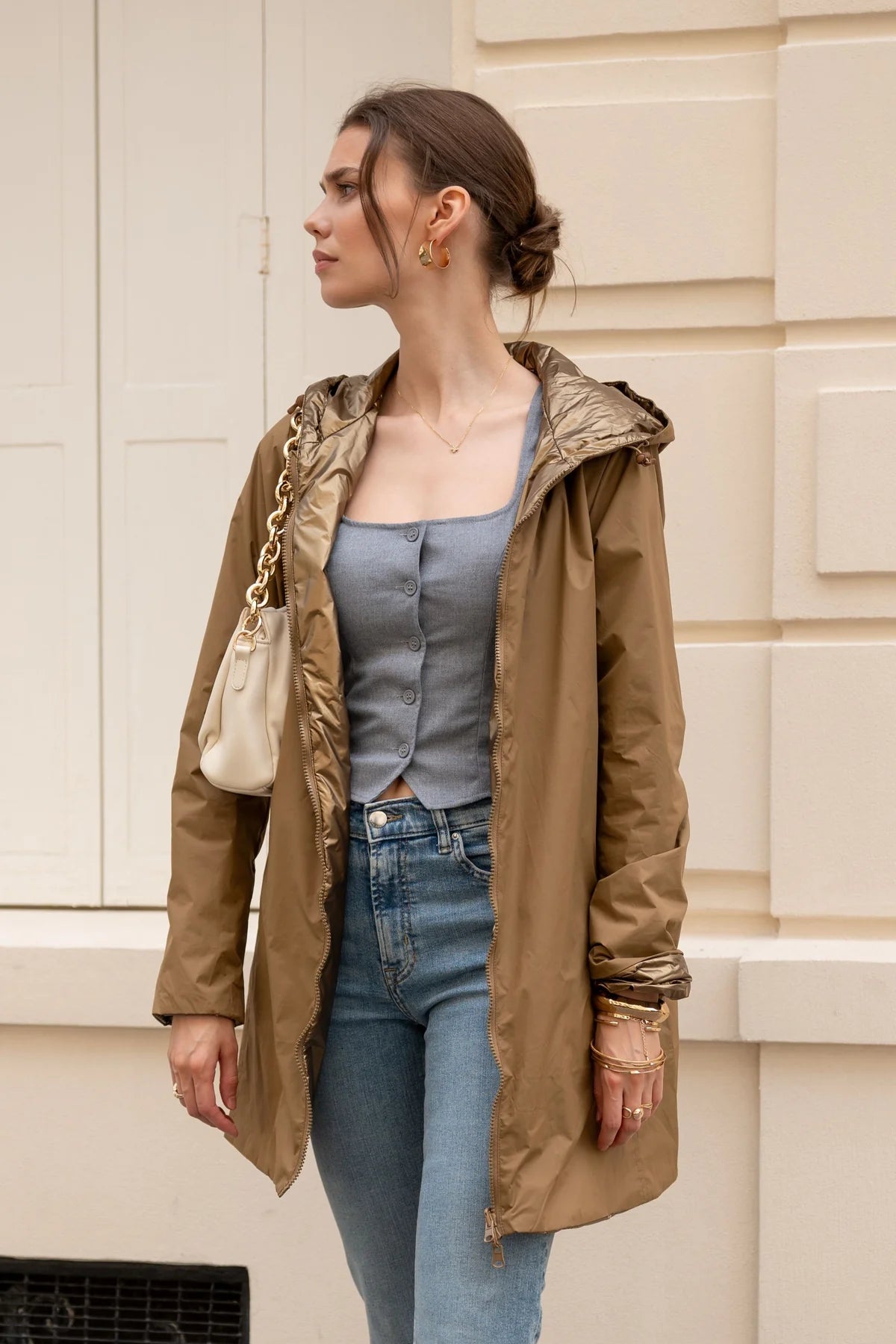 Imperméable rembourré mi-saison Laura Jo camel mat/brillant - Victoria long