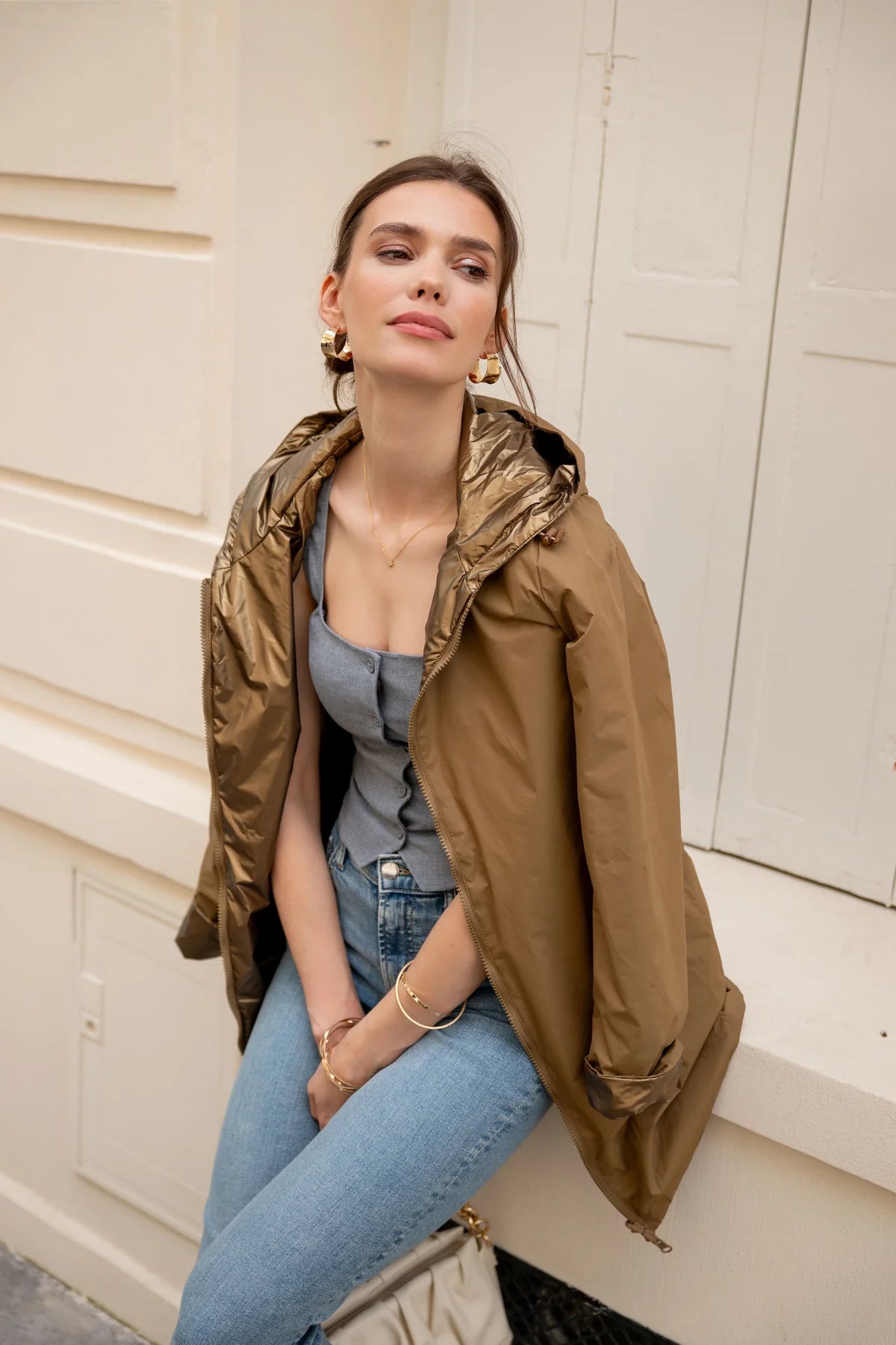 Imperméable rembourré mi-saison Laura Jo camel mat/brillant - Victoria long