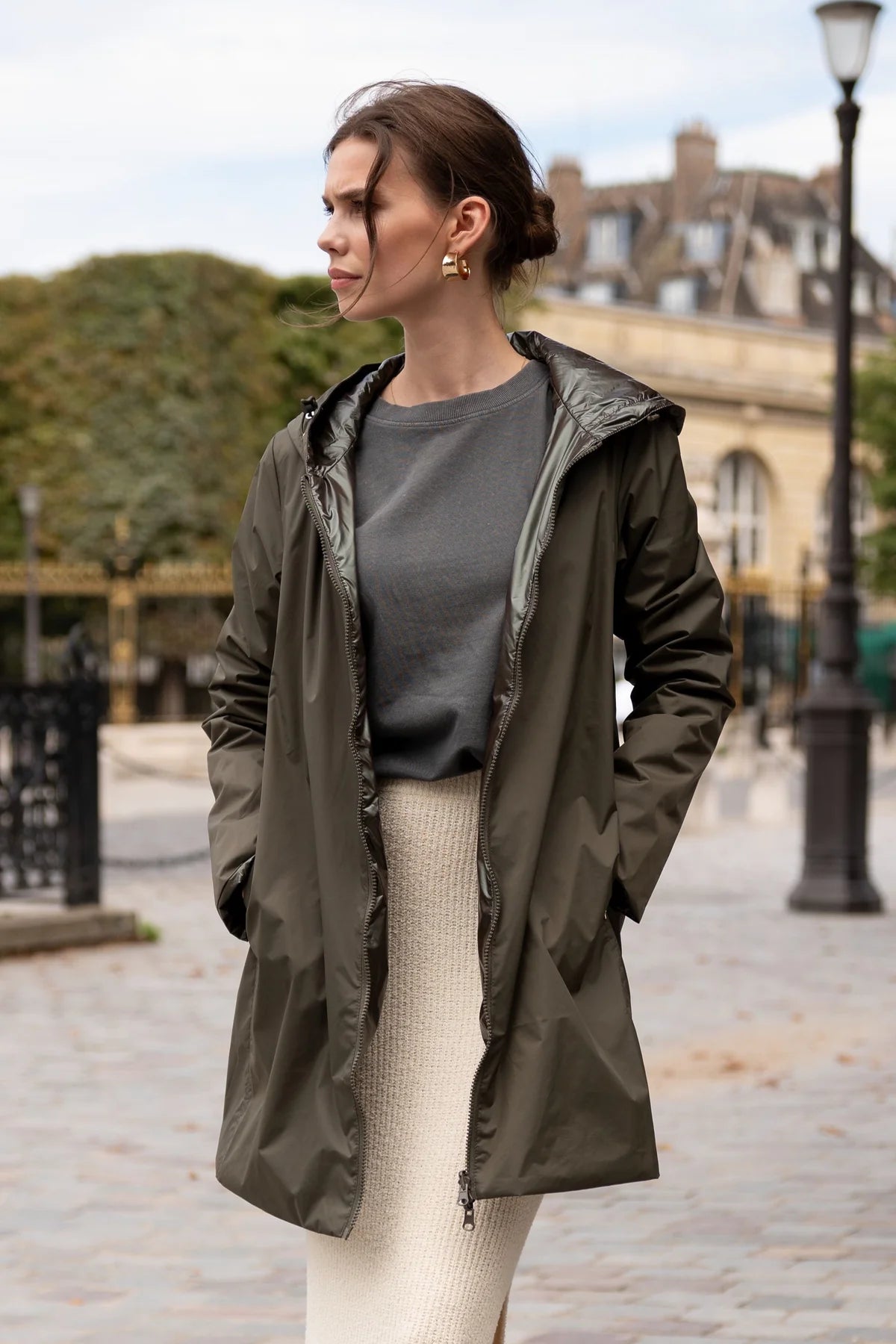 Imperméable rembourré mi-saison Laura Jo kaki mat/brillant - Victoria long - DÉSTOCKAGE taille XL
